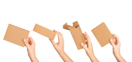 Set.Many female hands holding a cardboard box on a blank background.