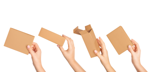 Set.Many female hands holding a cardboard box on a blank background.