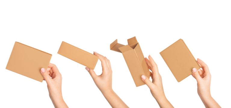Set.Many female hands holding a cardboard box on a blank background. - Powered by Adobe