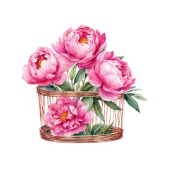 Pink peonies in chic rose gold wire basket watercolor illustration, floral clipart
