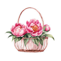 Pink peonies in chic rose gold wire basket watercolor illustration, floral clipart