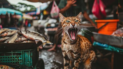 Cats and fish. A group of cats steal fish