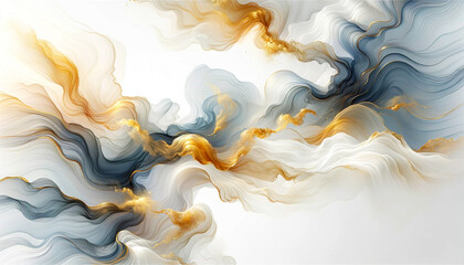 Abstract fluid flowing art by alcohol ink white tone and gold with copy space text. For banner, background in concept luxury, dreamy, heaven.