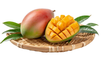 Mango fruit in a wicker basket isolated on transparent background.