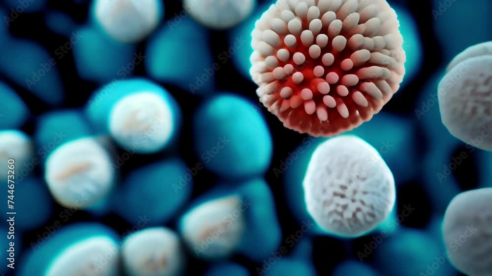 Poster macro microscopic particles of virus and bacteria, a large structure with spikes stands out against 