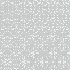 Modern simple geometric vector seamless pattern with white flowers, line texture on grey background. Light gray abstract floral wallpaper, bright tile ornament.