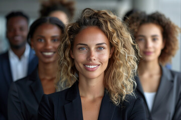 Fototapeta premium Portrait of a confident business woman. Blurred background with a group of colleagues in office. Diversity concept.