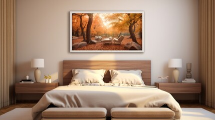 modern bedroom with a large bed and painting on the wall.
