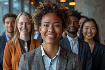 Fototapeta premium A woman stands confidently before a group of diverse individuals, appearing to lead. A diverse group of individuals.