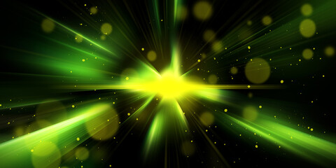 Asymmetric green light burst, abstract beautiful rays of lights on dark green background with the color of green and yellow, golden green sparkling backdrop