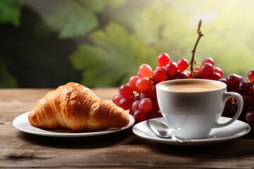 Rustic breakfast setting with croissant, coffee, and fresh fruits, ideal for custom text overlay