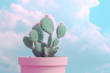 Chic pastel cactus basking under soft clouds - perfect serene vibe for nature lovers and design enthusiasts to download