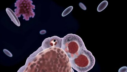 cells with nuclei and organelles floating in space among red blood cells on a dark background.
Concept: biology and medical research, structure and function