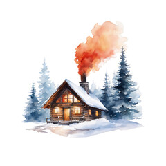 Winter ski resort, winter scenery with forest and resort style house, watercolor illustration