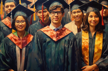 Obraz premium Celebrate achievement with a vibrant graduation illustration featuring happy graduates in caps and gowns, full of hope and potential. Perfect for commencement season