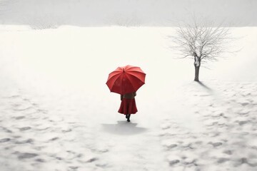 A solitary figure stands amidst a serene, snowy landscape