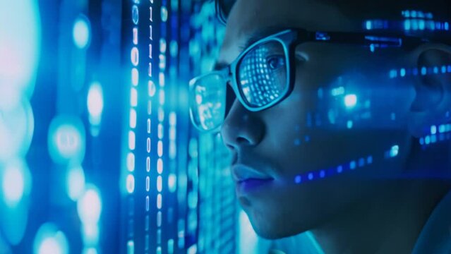 Portrait of Asian Startup Digital Entrepreneur Working on Computer, Line of Code Projected on His Face and Reflecting in Glasses. Developer Working on Innovative e-Commerce App using AI and Big Data.