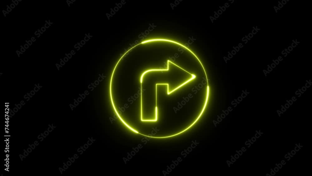 Poster neon glowing right turn arrow animation. abstract glowing neon arrow loading animation. animated neo