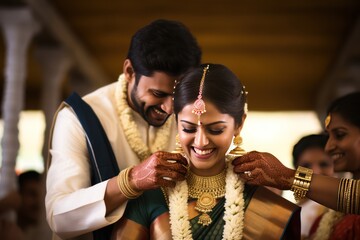 South Indian Wedding Groom Ties Sacred Thaali Around Bride's Neck