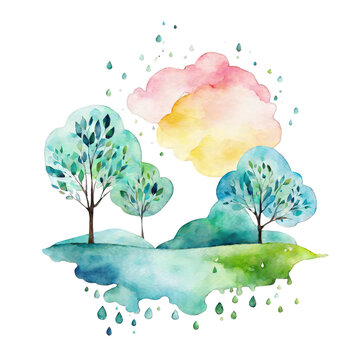 Lush green landscape with trees watercolor clipart
