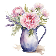 Watercolor illustration of rustic ceramic pitcher case with lavender pink peonies and wild flowers - obrazy, fototapety, plakaty