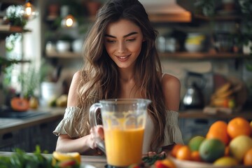 A natural woman with a radiant human face holds a refreshing pitcher of freshly squeezed orange juice, dressed in casual clothing while enjoying the indoor scenery, as she takes a sip from her cup of - obrazy, fototapety, plakaty