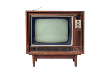 Old TV on Wooden Stand. An image of an antique television set placed on top of a sturdy wooden stand in a well lit room.