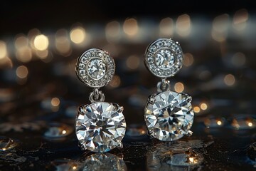 Glistening drops of crystal clear water dangle delicately from a pair of diamond earrings, adding a touch of elegance and glamour to any fashion ensemble