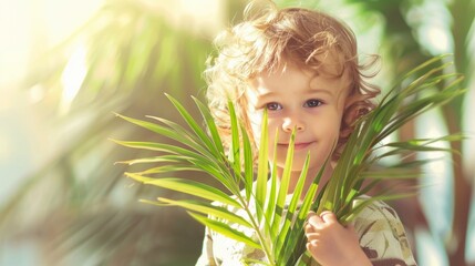 Smiling boy holding a palm branch
