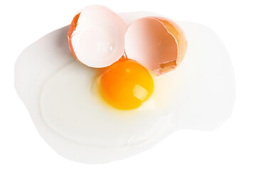 A broken egg spreads with the white and yolk and shell. On a blank background