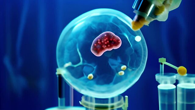 scientific experiment with pipette and reagent in a test tube with a cell standing out against a bright blue backlight. There are other test tubes and laboratory equipment around.