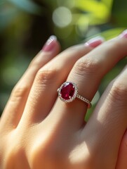 Radiant Ruby Elegance: Adorning Woman's Hand with Diamond Brilliance