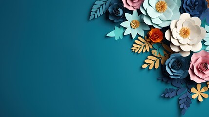 colorful paper cut flowers with green leaves on blue background with copy space, Generative AI