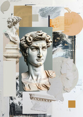 mood board envisioned as a confluence of eras and expressions. a mix of ancient artwork with modern design elements, classical sculptures adorned with digital overlays