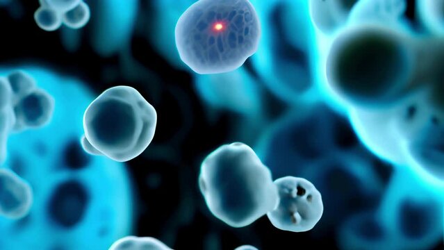 microscopic group of cells in blue tones with one activated cell in the center glowing red.
Concept: scientific biology and medicine, presentation of the development of biotechnology and pharmaceutica - Powered by Adobe