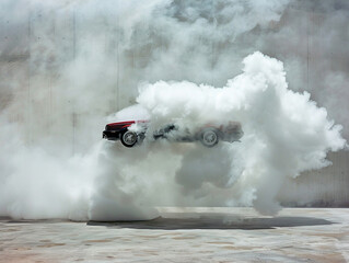 Obraz premium A car is moving fast and drifting causing the tires to rub hard and produce thick white smoke.