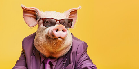 Schwein im Business-Anzug und mit Sonnenbrille - obrazy, fototapety, plakaty