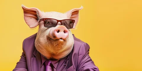 Schilderijen op glas Schwein im Business-Anzug und mit Sonnenbrille © stockmotion