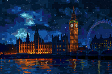London cityscape with Big Ben mosaic geometric shapes