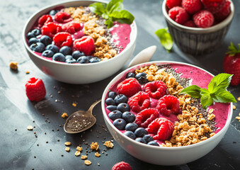 Healthy berry breakfast bowl with oatmeal, yogurt, and Fresh berries