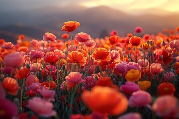 A vibrant field of red poppies under a golden sunset, nestled against a backdrop of majestic mountains and a vast sky, creating a breathtaking display of nature's beauty