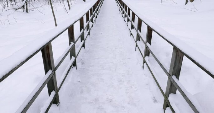 A winter wonderland awaits as snow blankets the outdoor walkway lined with trees and railings, leading to a building surrounded by a freezing forest in the midst of a blizzard