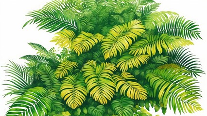 Green leaves background. Green tropical monstera leaves, palm leaves, coconut leaf, fern, palm leaf, banana leaf. Watercolor illustration, AI Generated
