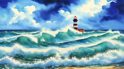 Lighthouse In Stormy Landscape. Waves crashing around lighthouse. Watercolor illustration, AI Generated