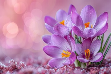 A vibrant sea of purple crocus flowers blooming in the spring, their delicate petals reminiscent of...