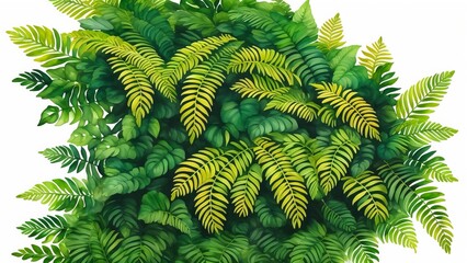 Green leaves background. Green tropical monstera leaves, palm leaves, coconut leaf, fern, palm leaf, banana leaf. Watercolor illustration, AI Generated