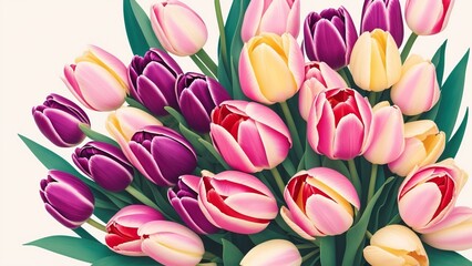 delicate pastel multicolor background with tulips. Watercolor illustration, AI Generated
