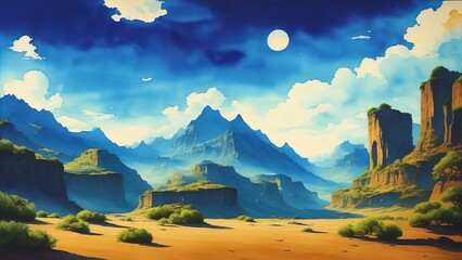 alien landscape. Watercolor illustration, AI Generated