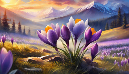 Krokusy, fioletowe kwiaty wiosenne - obrazy, fototapety, plakaty
