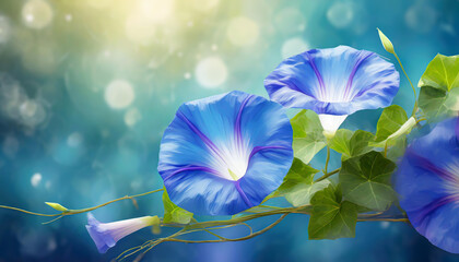 Wilec - Ipomoea, letnie niebieskie kwiaty makro. Rośliny pnące - obrazy, fototapety, plakaty